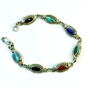 Vintage Boho SW 925 Silver Multi Stone Cabochon Link Bracelet 7" Turquoise Onyx